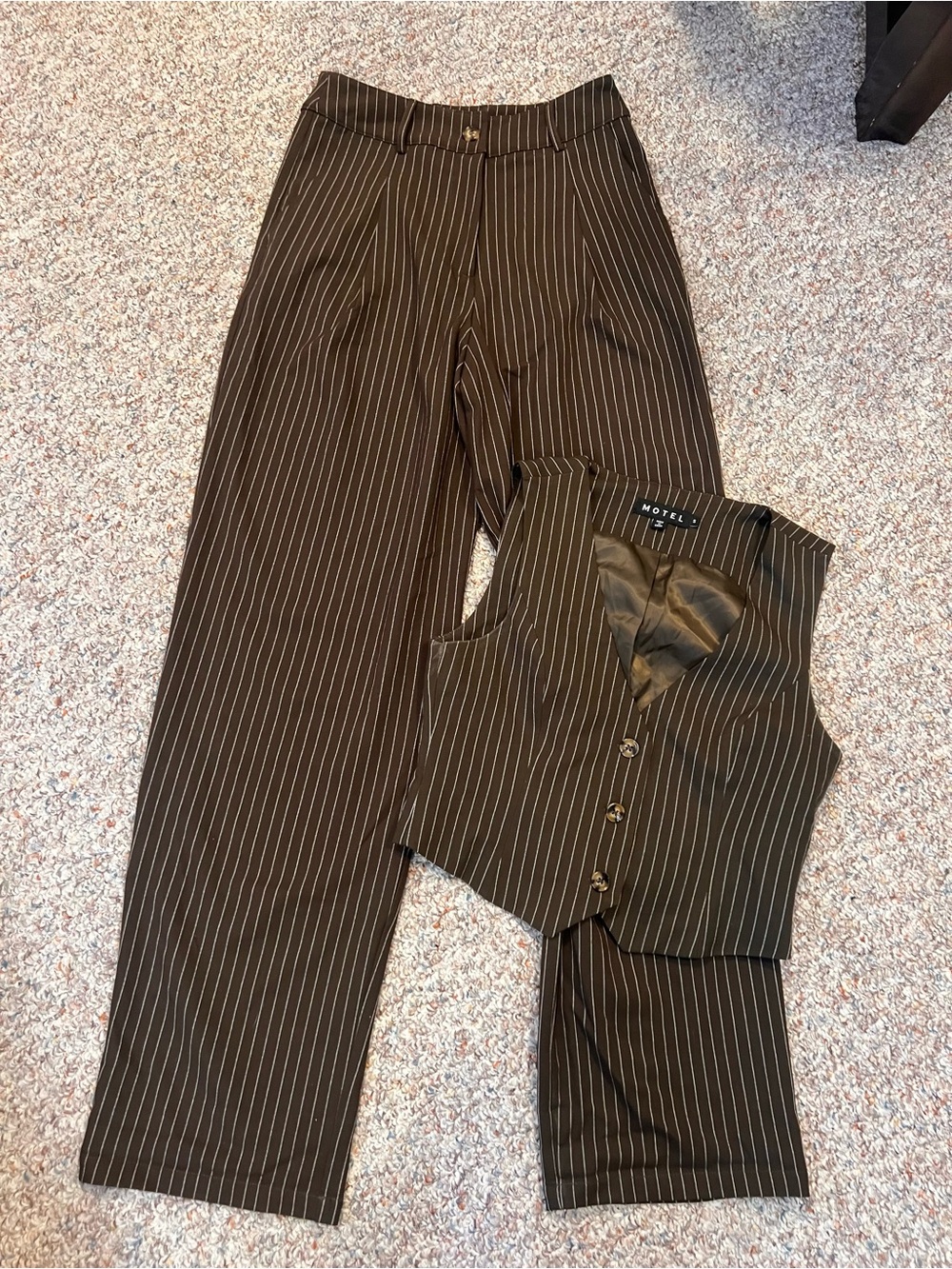 Motel Rocks Dark Brown Pinstripe Wide-Leg Trousers and Vest set